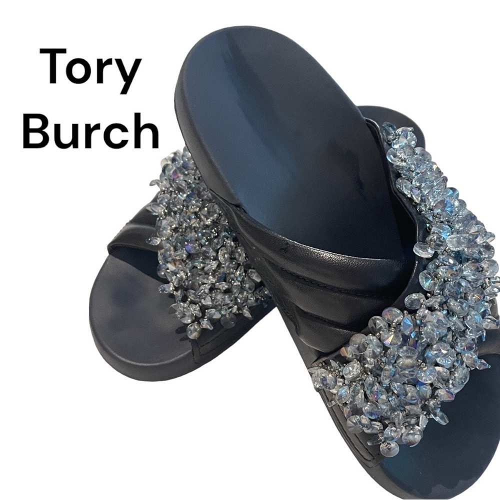 New-Tory Burch Blue Clear Studded Slip On Sandal-Sz-7